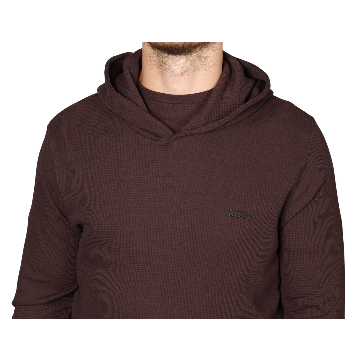 Mens BOSS Dark Brown Waffle Hooded L/s T Shirt