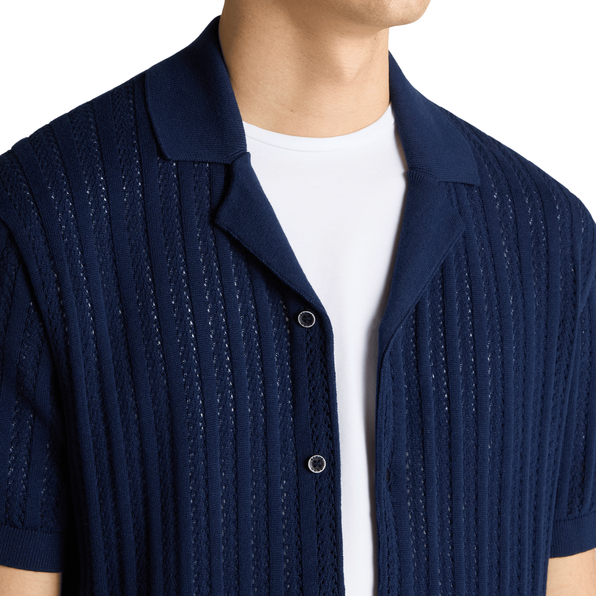Mens Remus Uomo Dark Blue Open Weave Knitted S/s Shirt