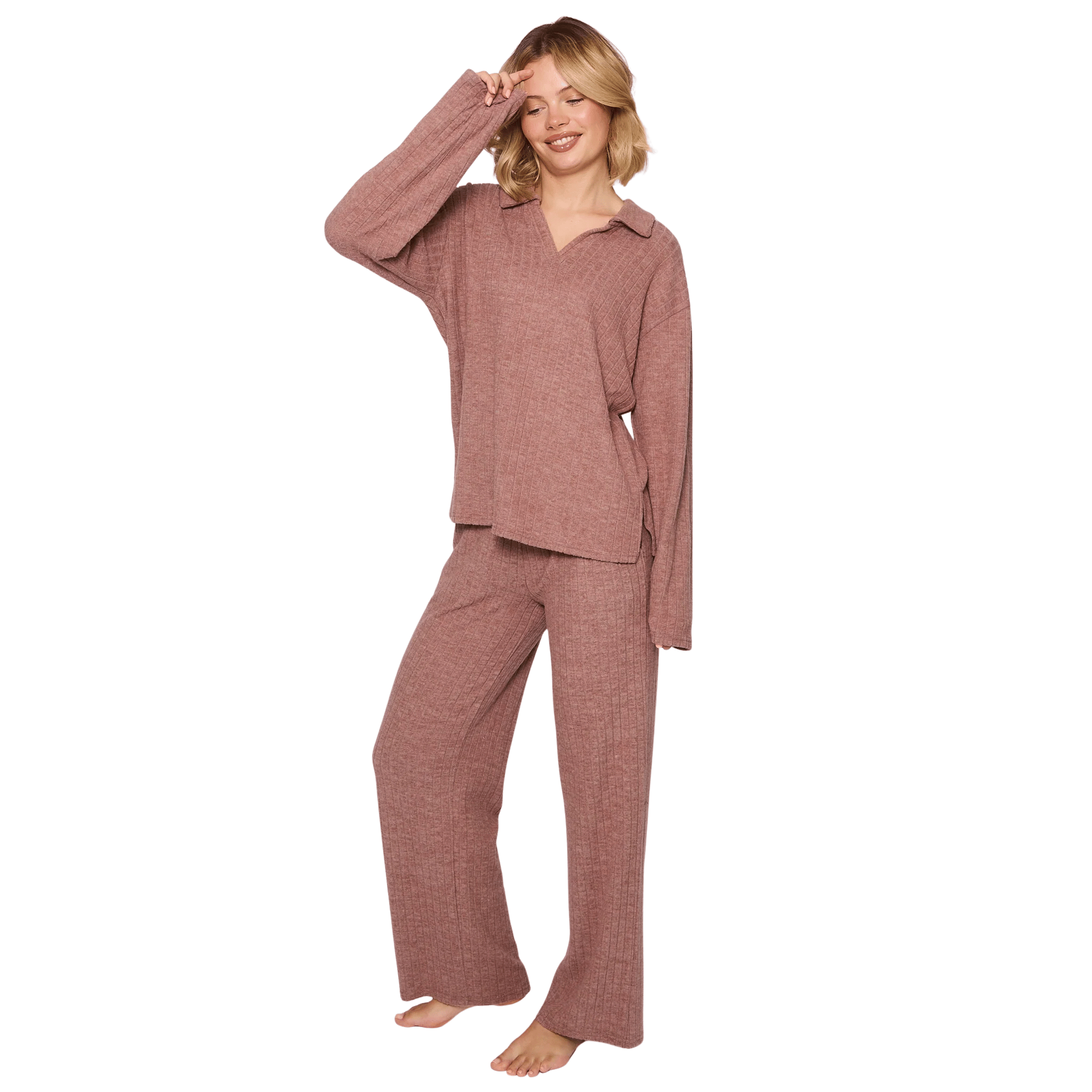 Womens Mocha Collared Top & Fold Over Pant Set