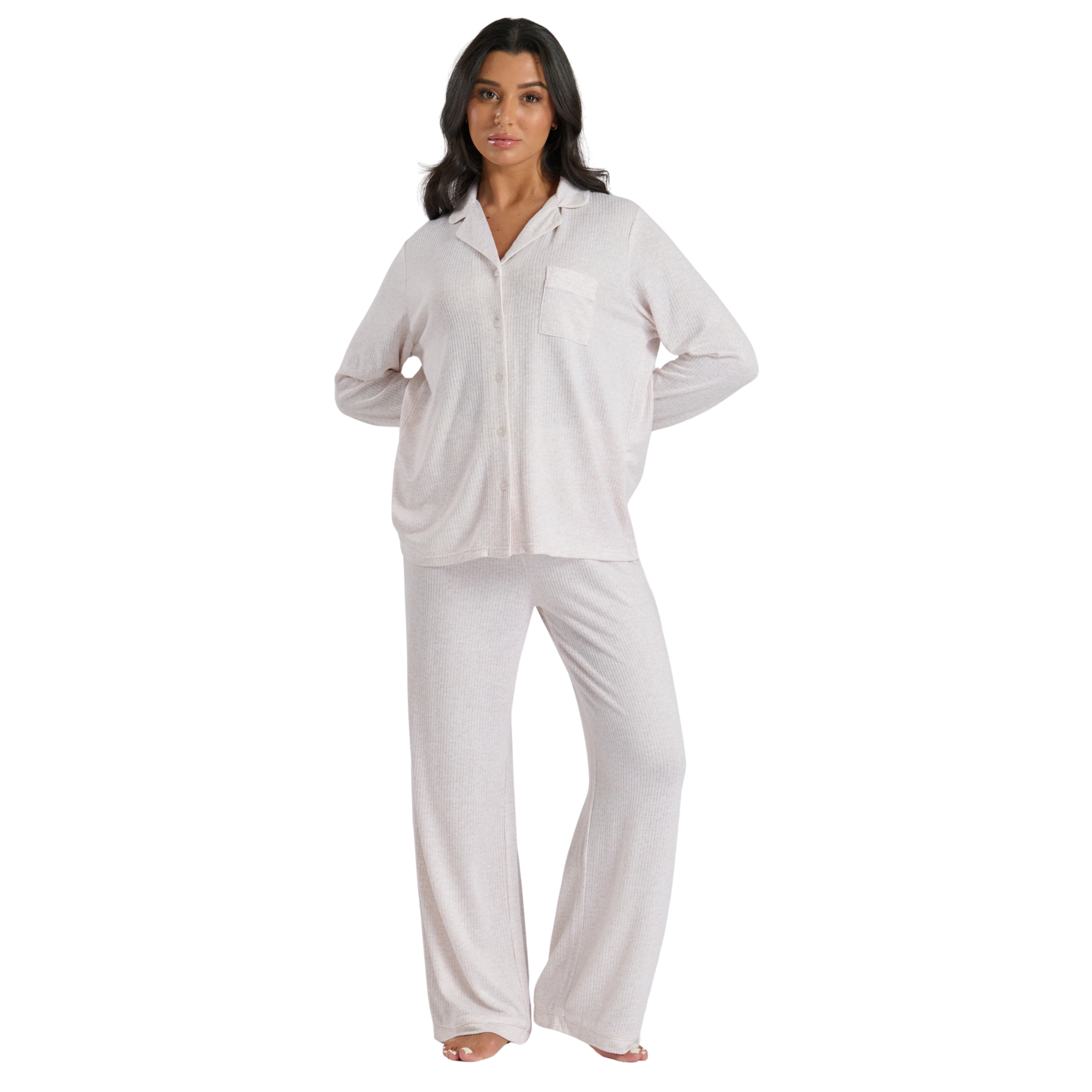 Womens Oatmeal Marl Brushed Rib L/s Buttoned Pyjamas