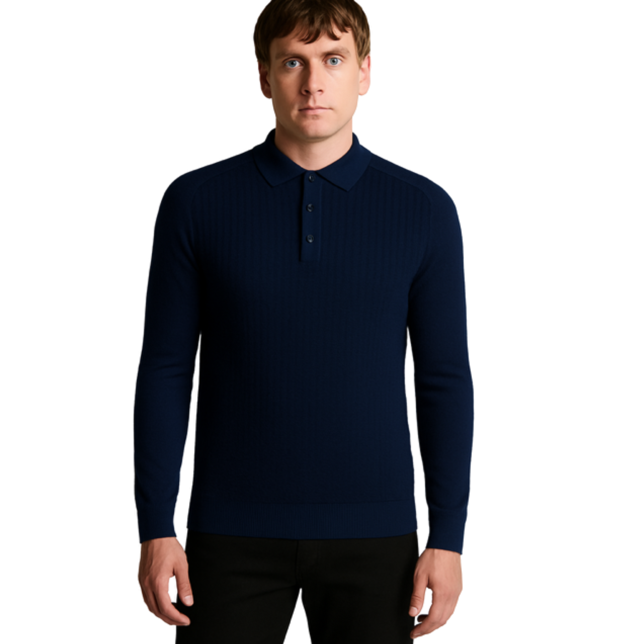 Mens Remus Uomo Navy Micro Grid Structure Knitted L/s Polo
