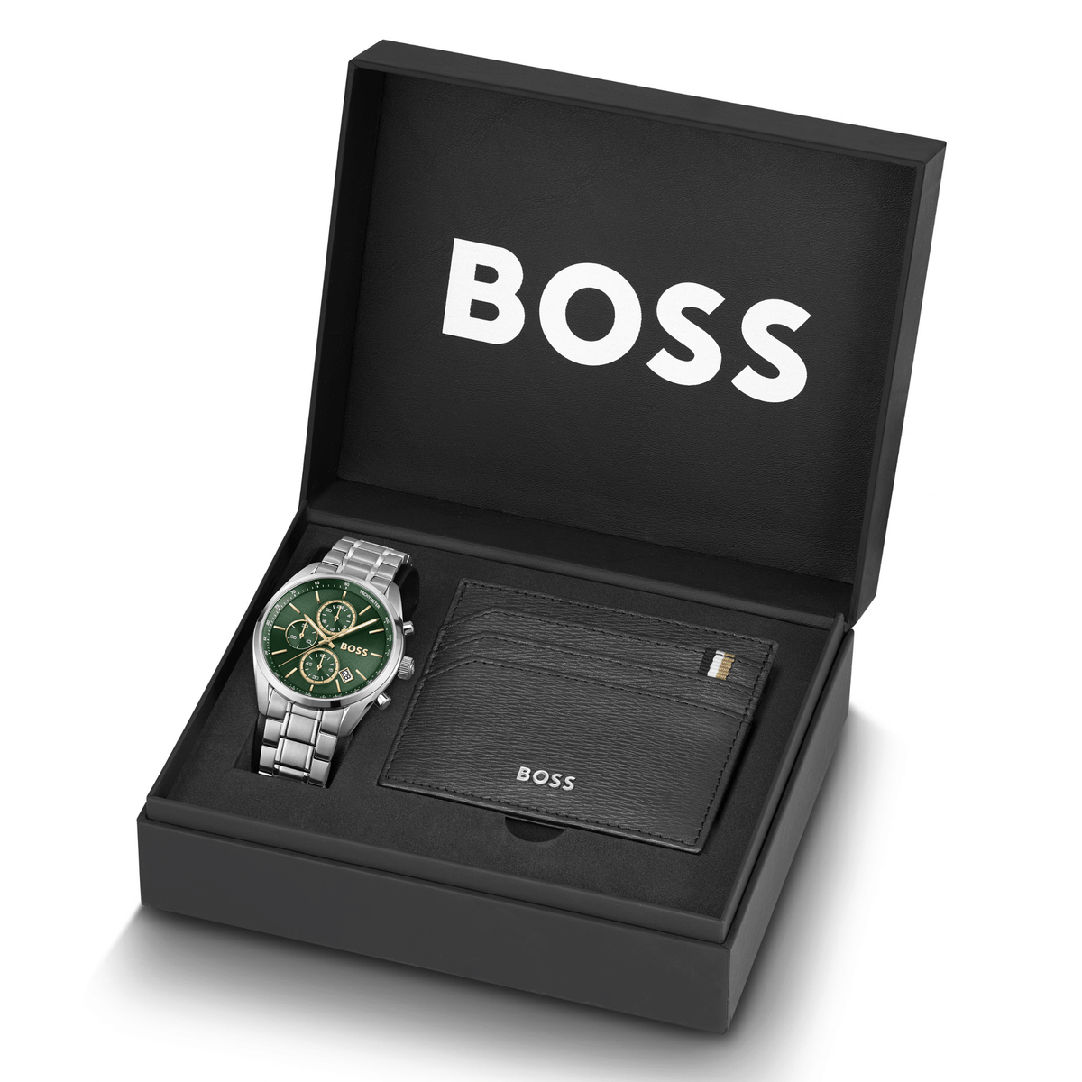 Mens BOSS Silver/Green Grand Prix Watch & Cardholder Set