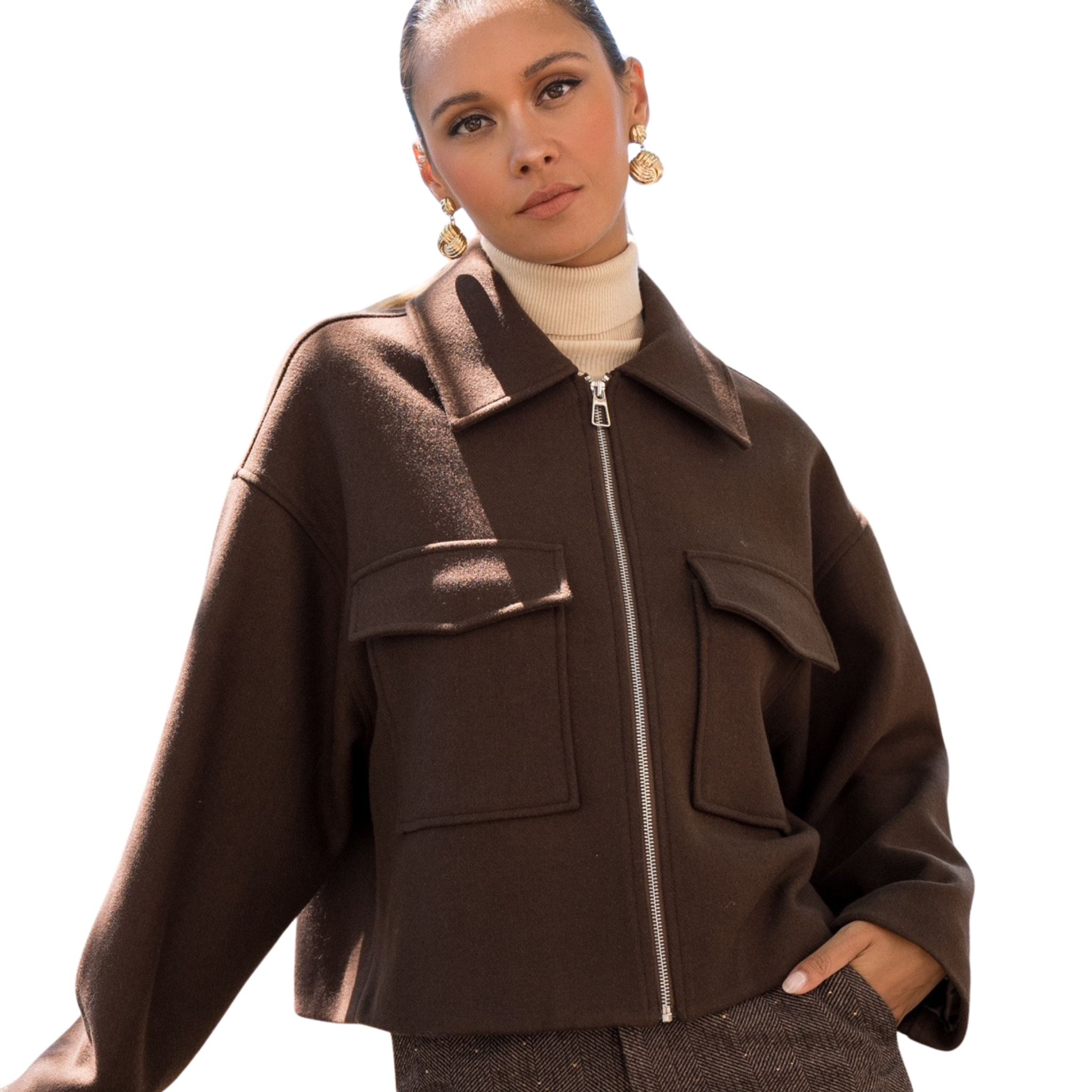 Womens Attentif Coffee Wool Blend Patch Pocket Jacket