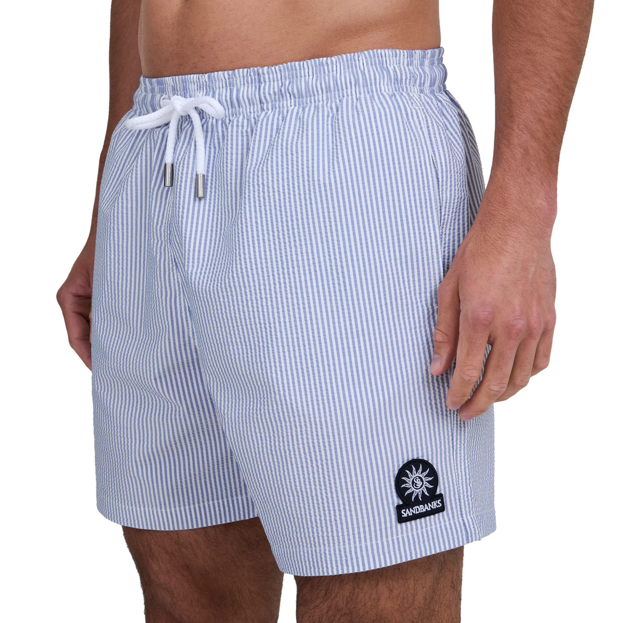 Mens Sandbanks Navy/White Striped Seersucker Swim Shorts