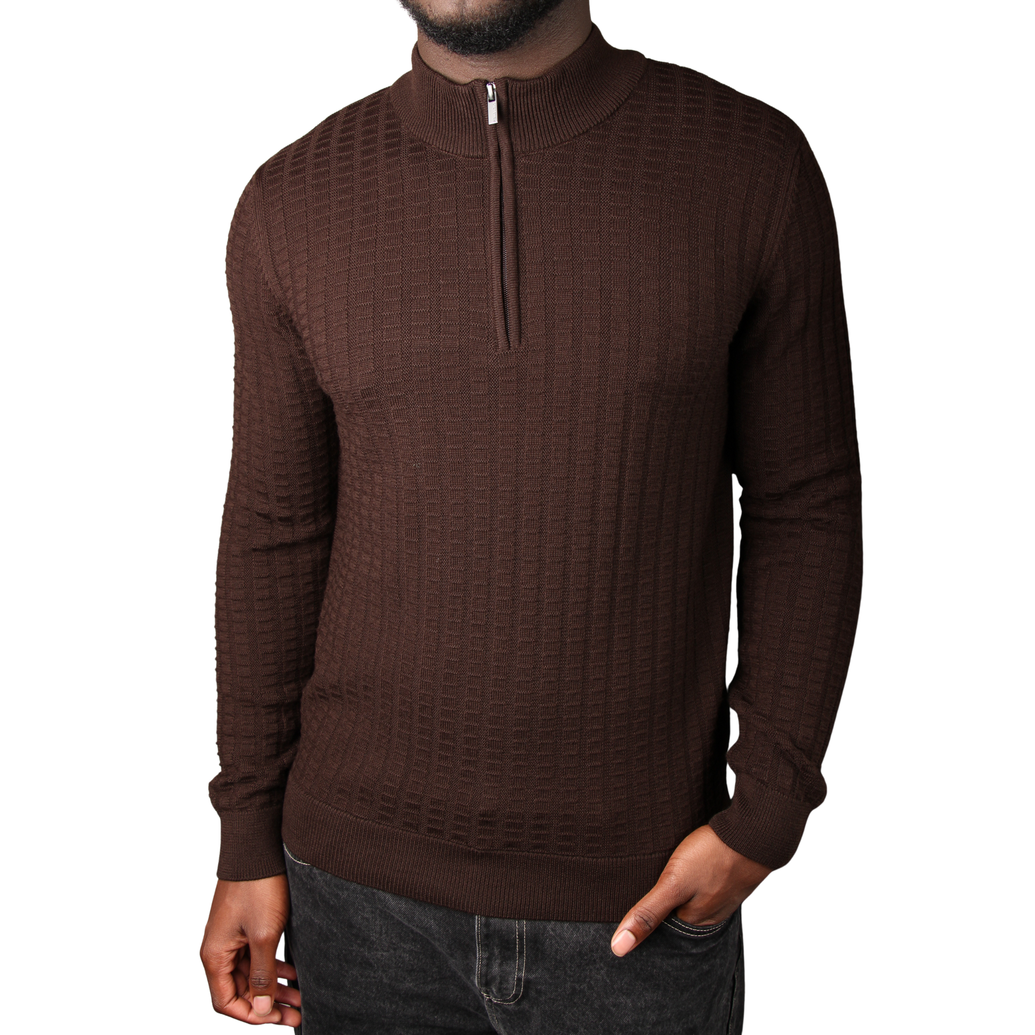 Mens Remus Uomo Brown Grid Structure Half Zip Knit