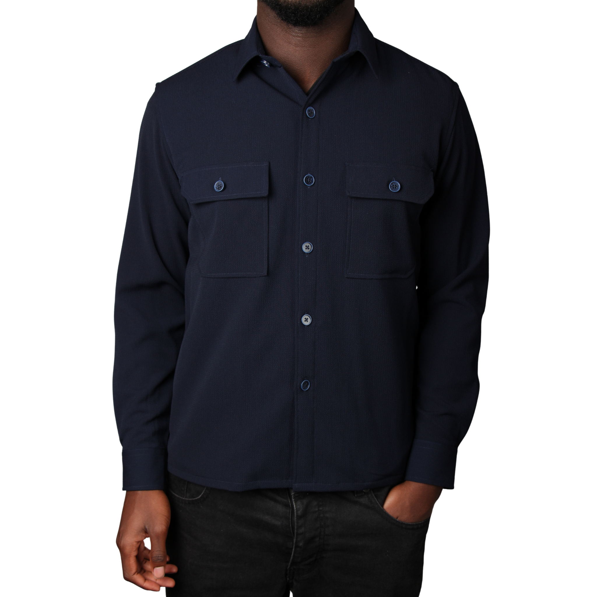 Mens SEINSE Navy Seersucker Button Overshirt