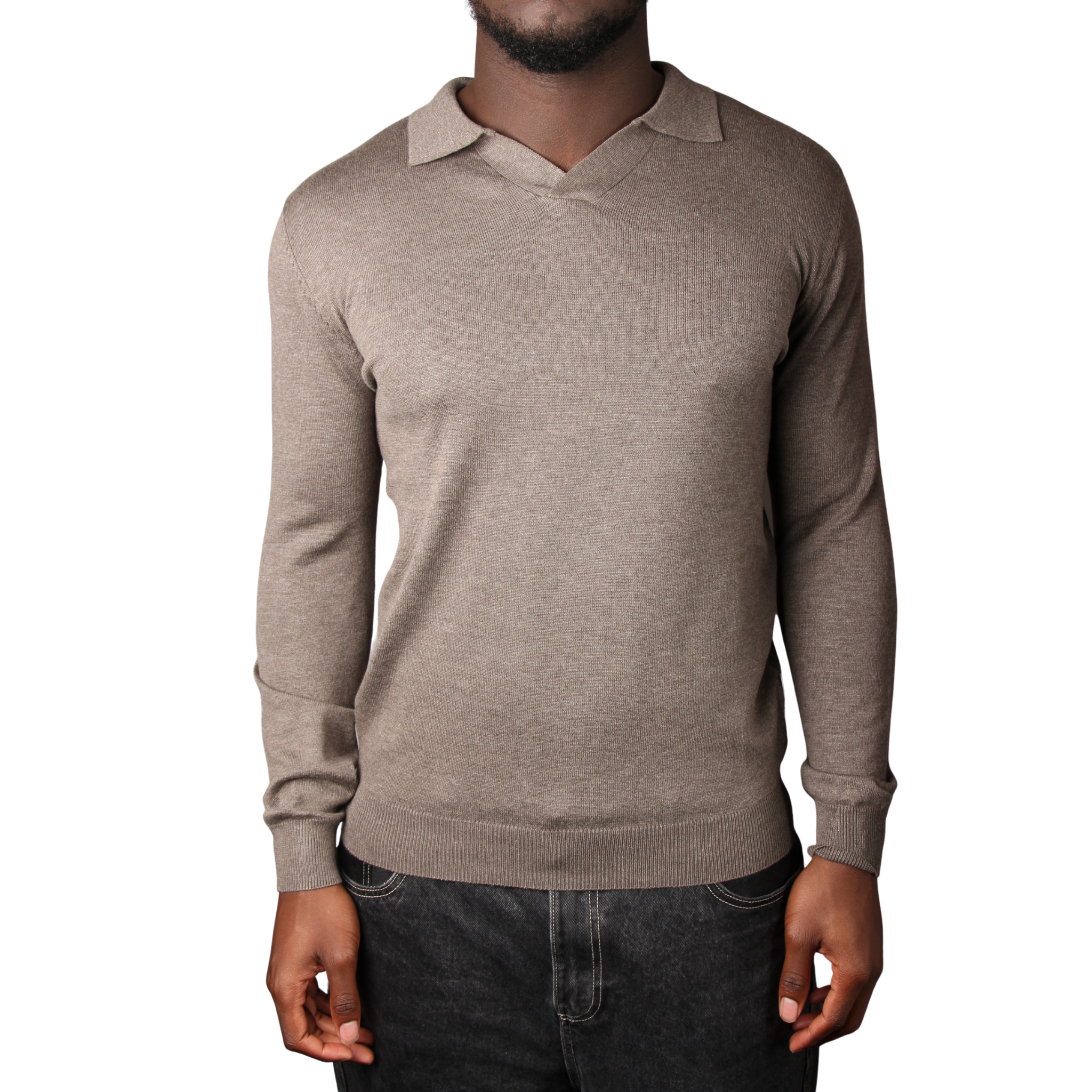 Mens SEINSE Brown Melange Open Collar Knitted L/s Polo Shirt