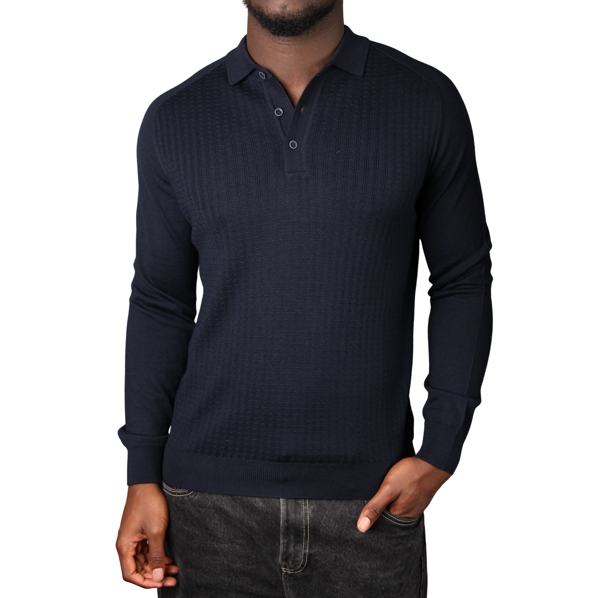 Mens Remus Uomo Navy Micro Grid Structure Knitted L/s Polo