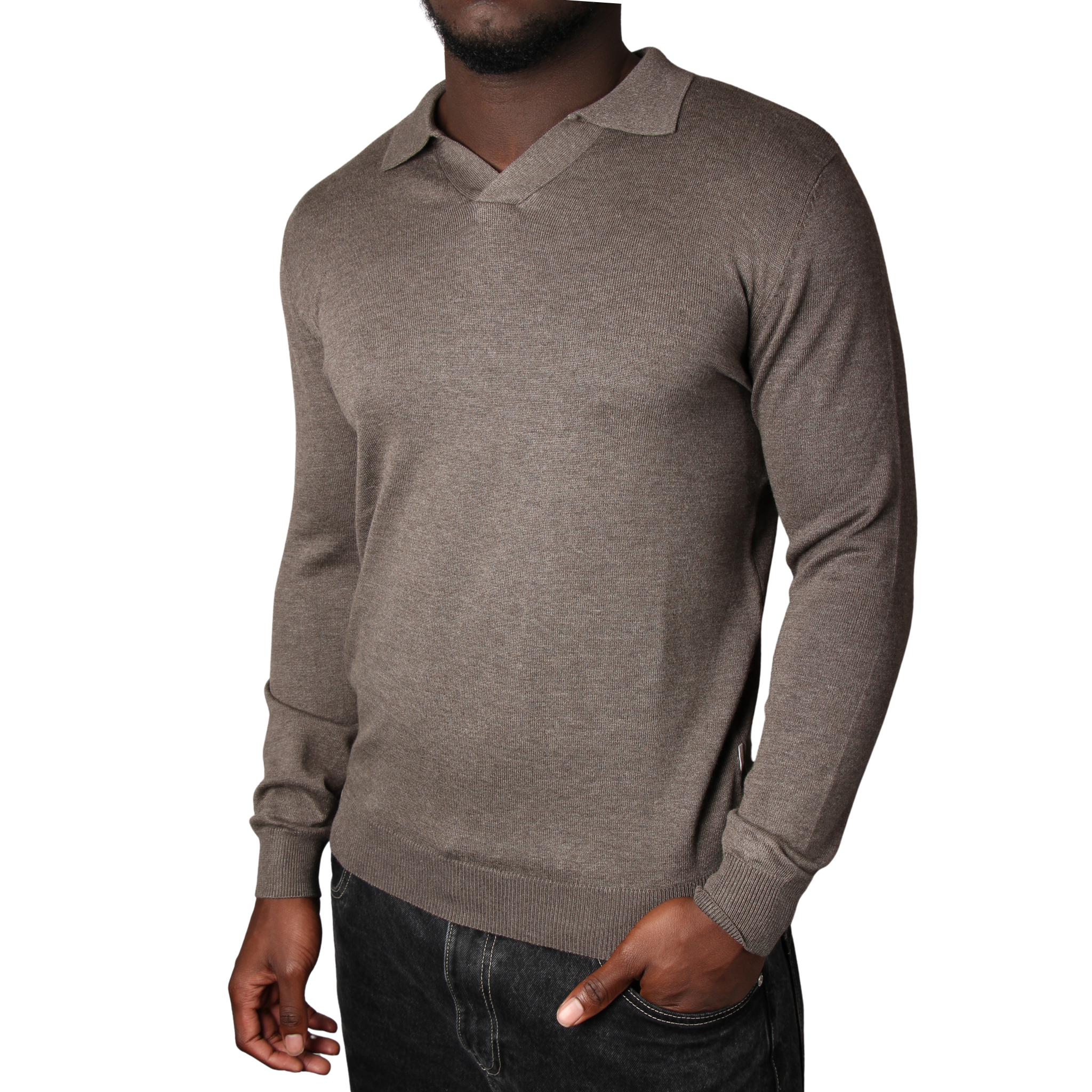 Mens SEINSE Brown Melange Open Collar Knitted L/s Polo Shirt