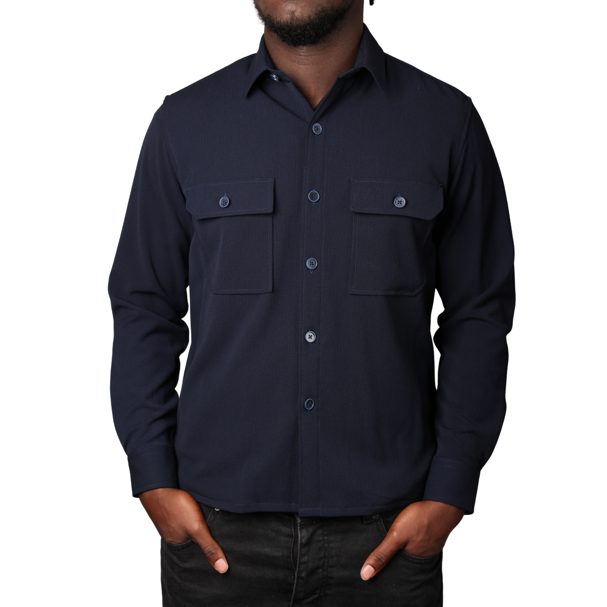 Mens SEINSE Navy Seersucker Button Overshirt