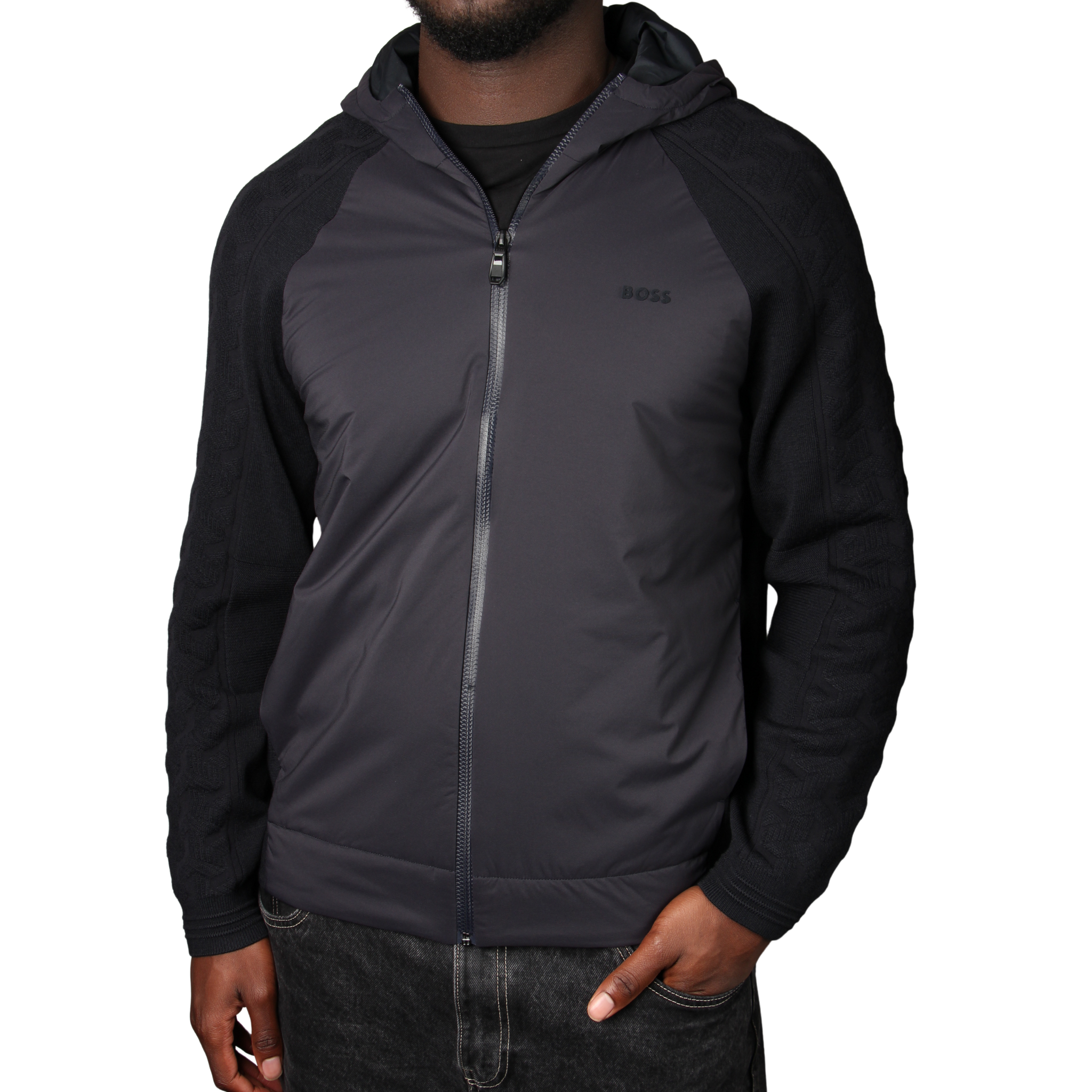 Mens BOSS Dark Blue KN_Mirror Hybrid Knitted Zip Hoodie