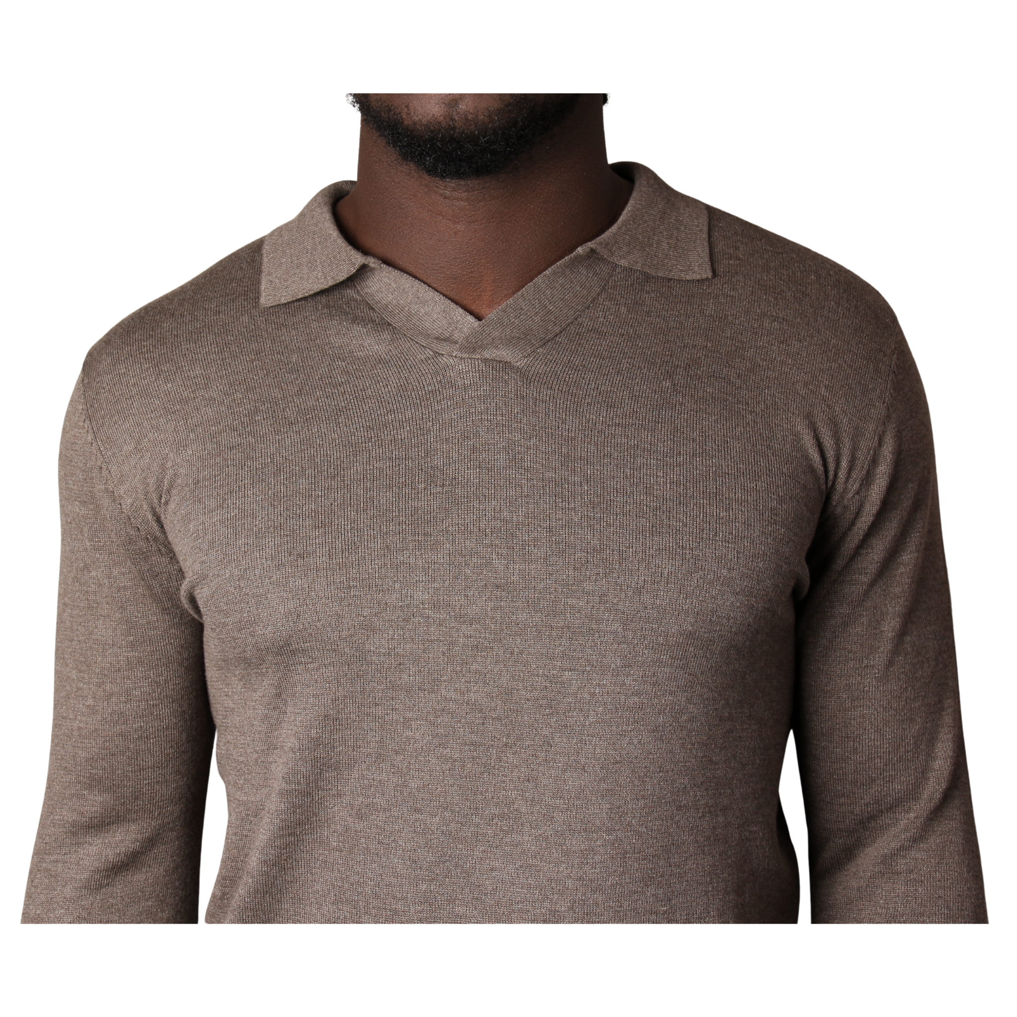 Mens SEINSE Brown Melange Open Collar Knitted L/s Polo Shirt