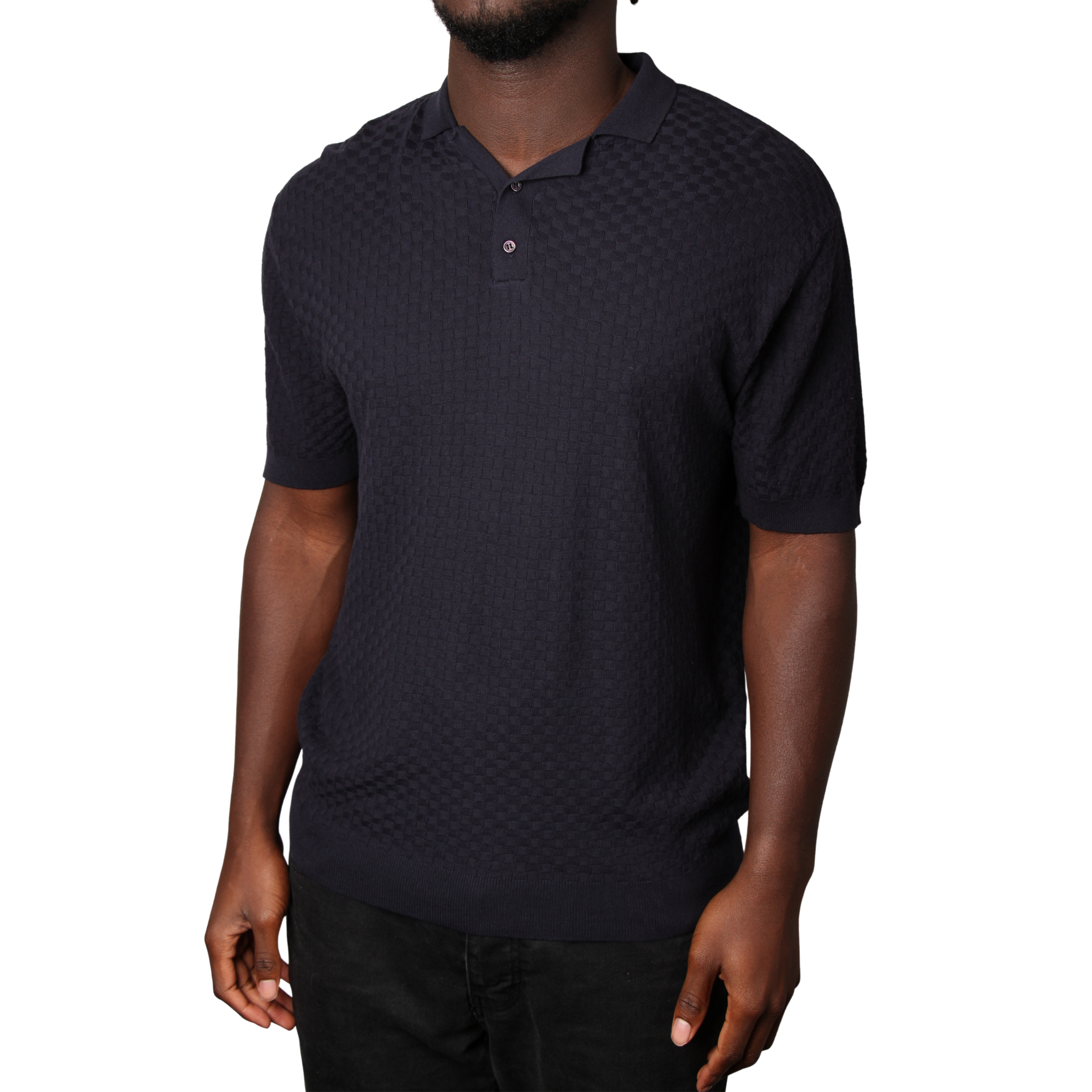 Mens SEINSE Navy Texture Knitted S/s Polo