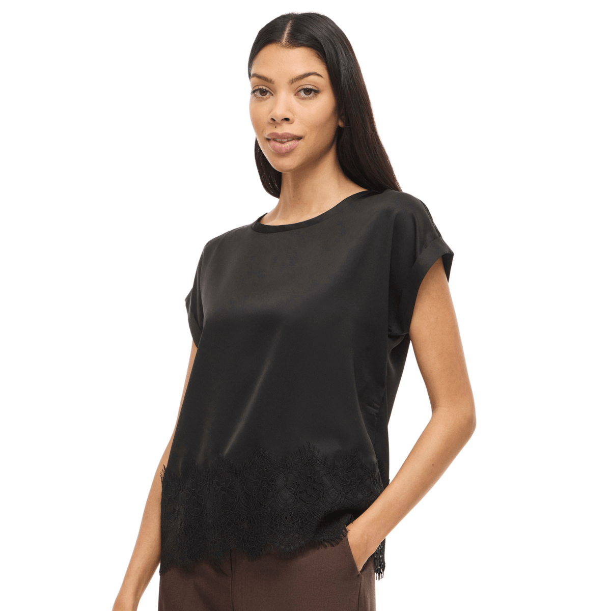Womens Vila Black Beauty Viellette Satin Lace Top