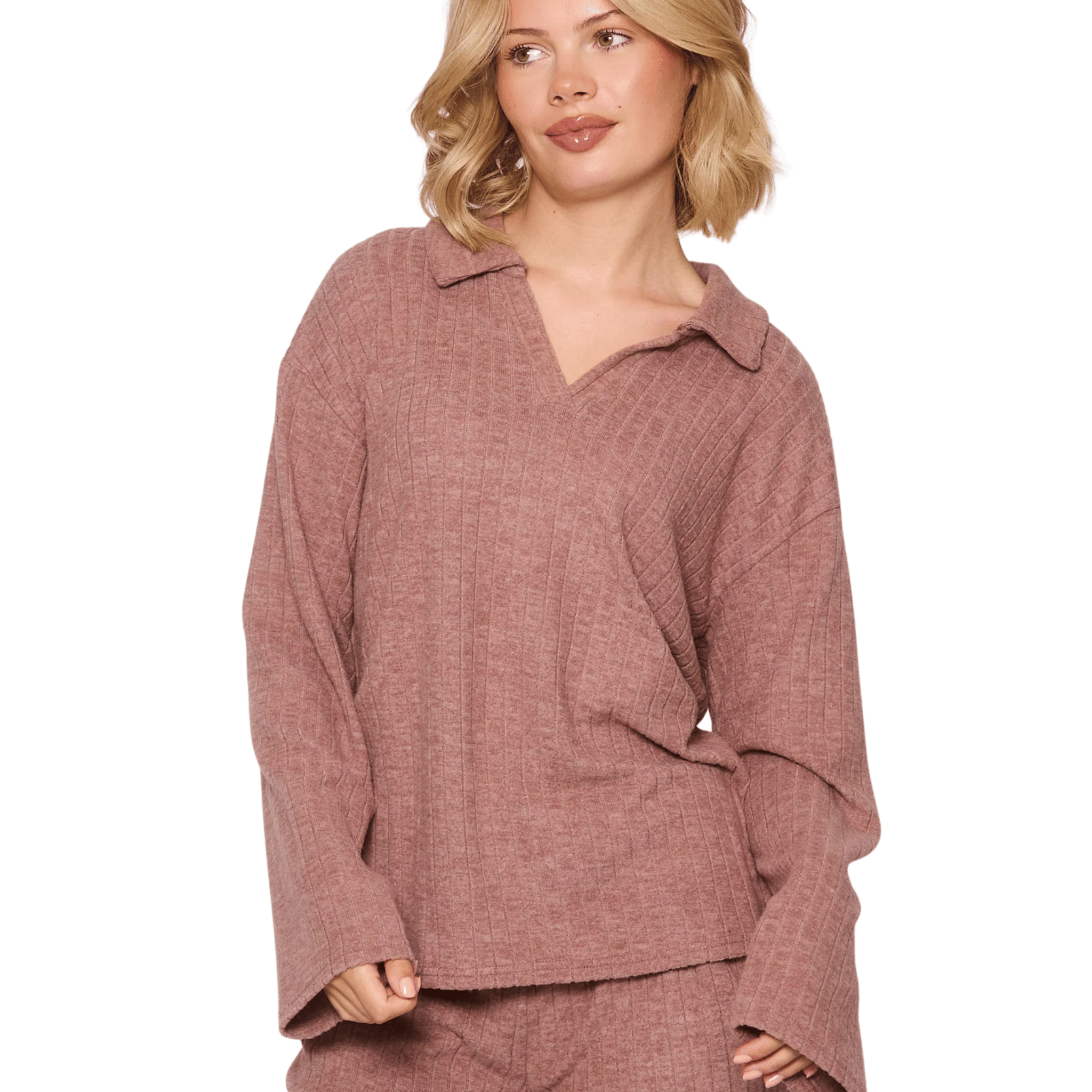 Womens Mocha Collared Top & Fold Over Pant Set