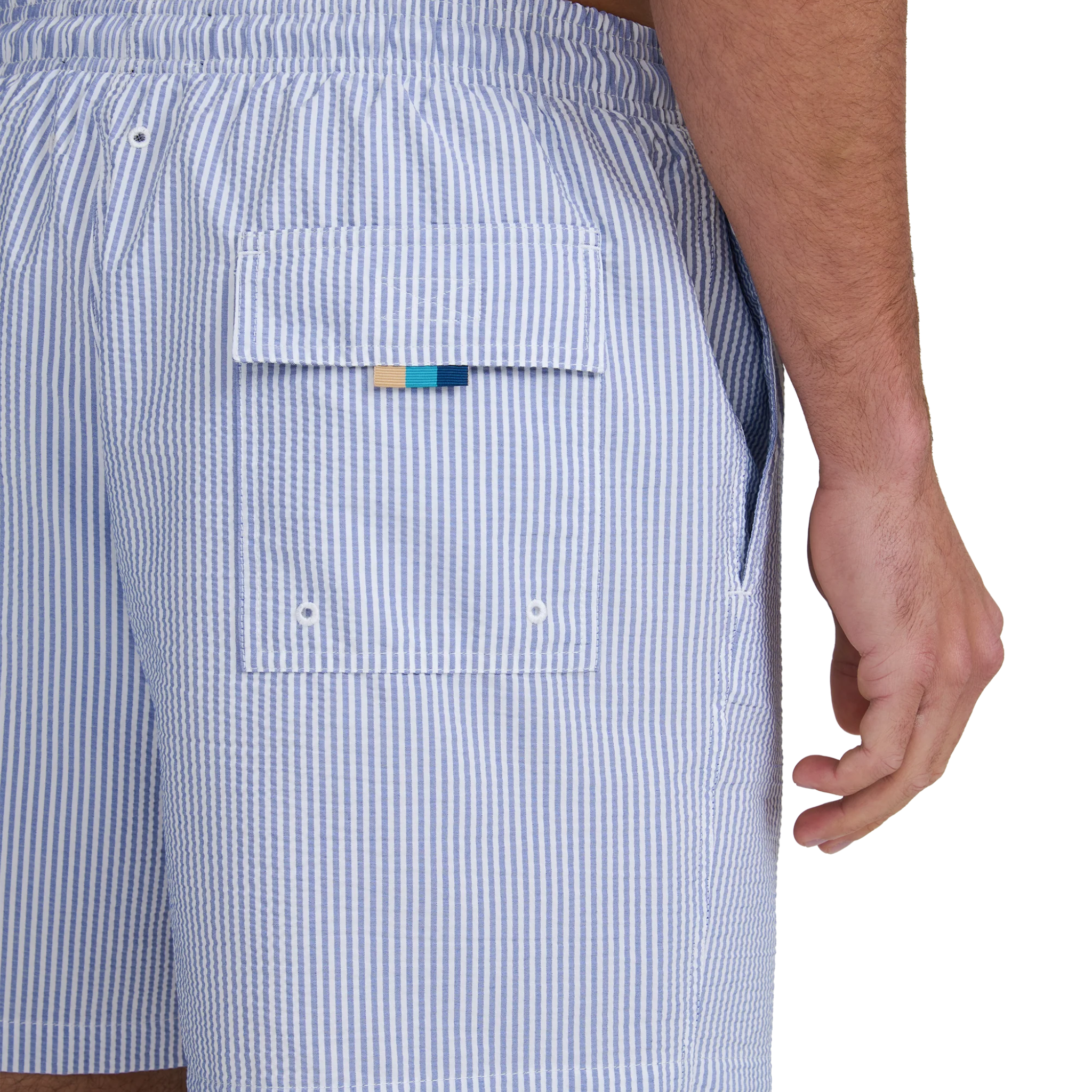 Mens Sandbanks Navy/White Striped Seersucker Swim Shorts