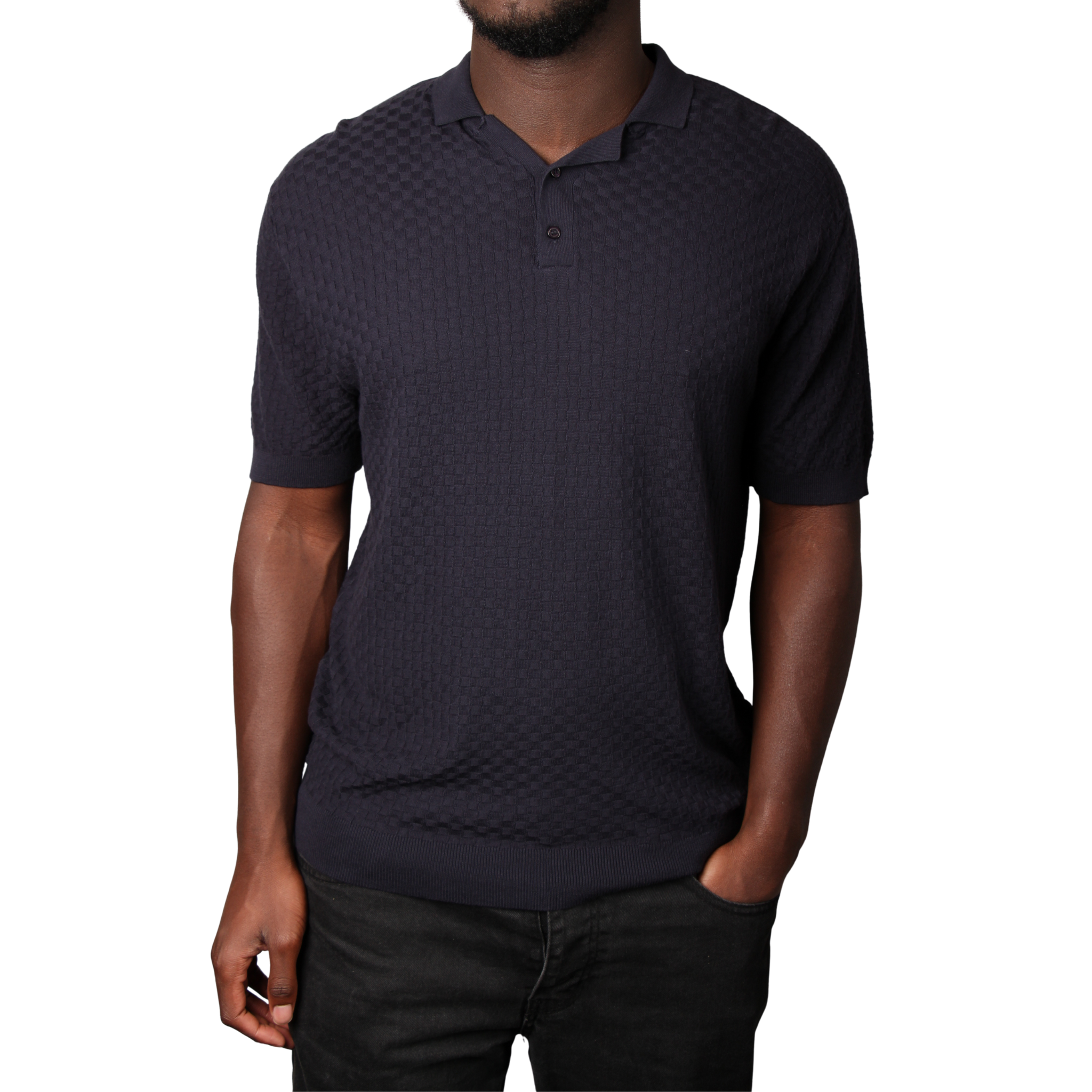 Mens SEINSE Navy Texture Knitted S/s Polo