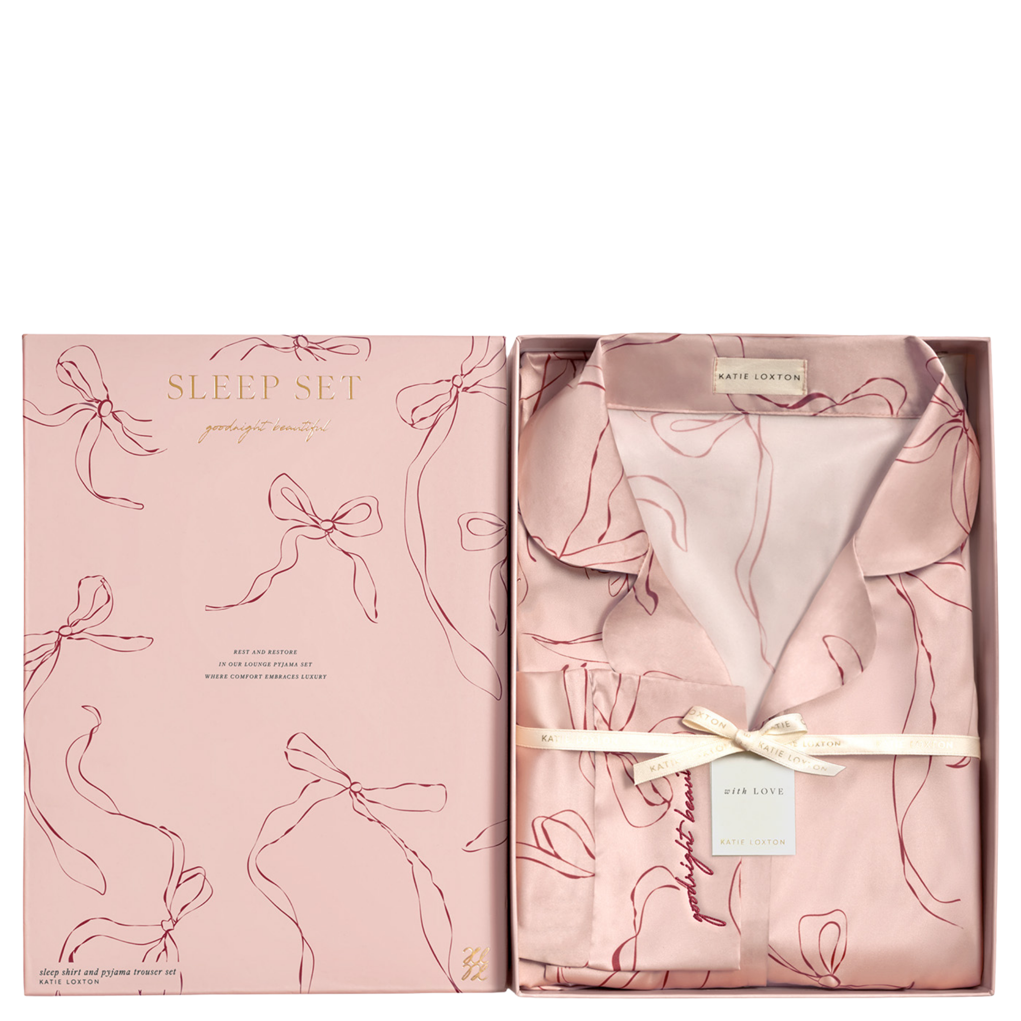 Womens Katie Loxton Pink/Cherry Bow Print Gift Box PJ Set