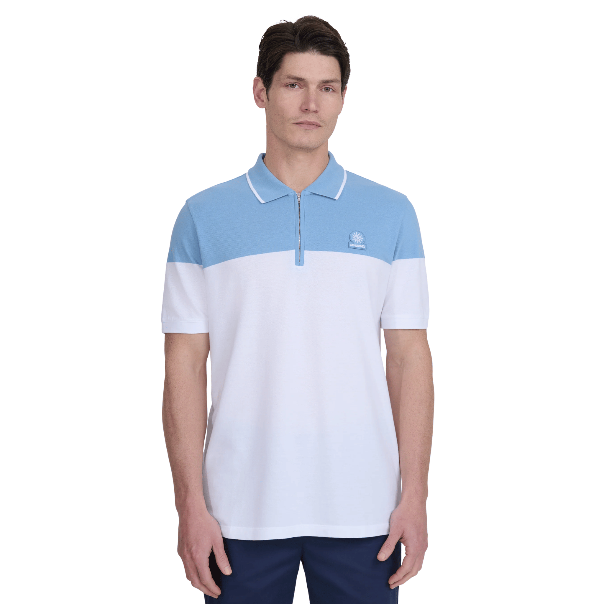 Mens Sandbanks Dusty Blue Colour Block Zip S/s Polo Shirt
