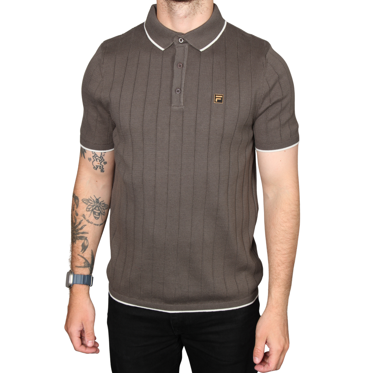 Mens Fila Gunmetal Santino Drop Needle Knitted S/s Polo