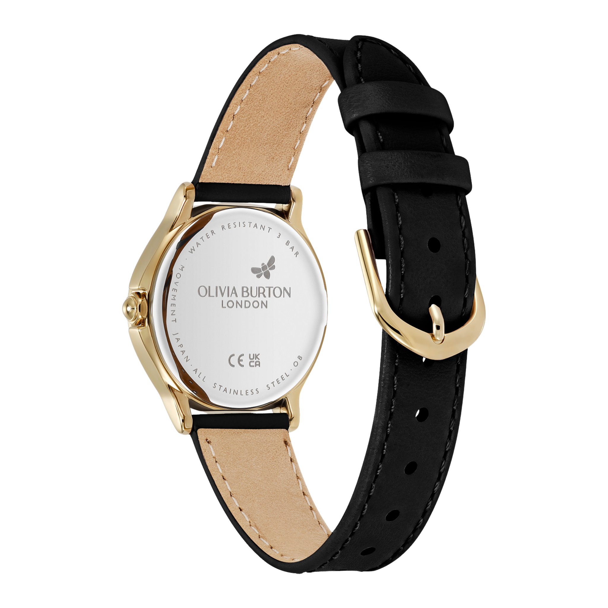 Womens Olivia Burton Gold/Black Classic Bee Leather Strap Watch