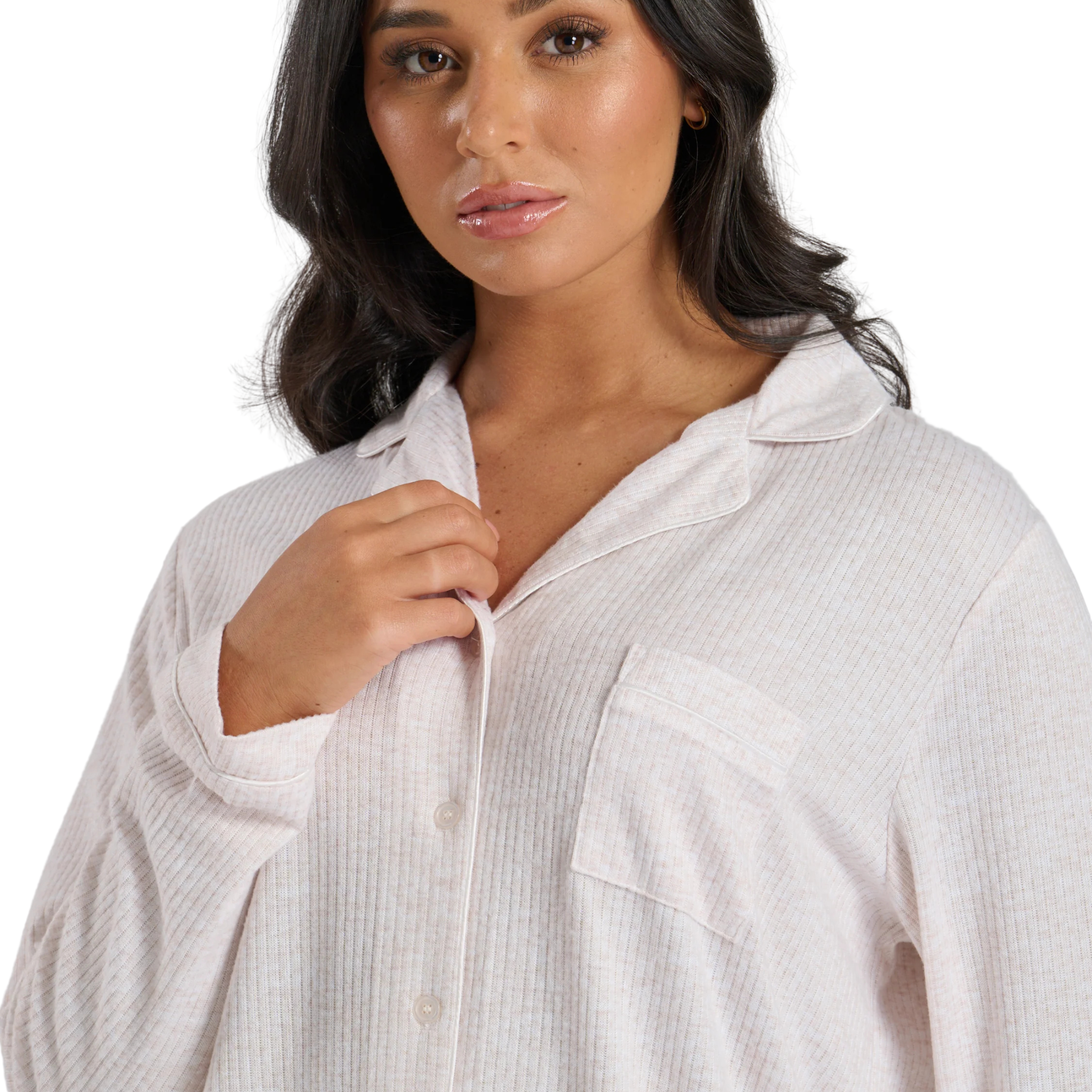 Womens Oatmeal Marl Brushed Rib L/s Buttoned Pyjamas