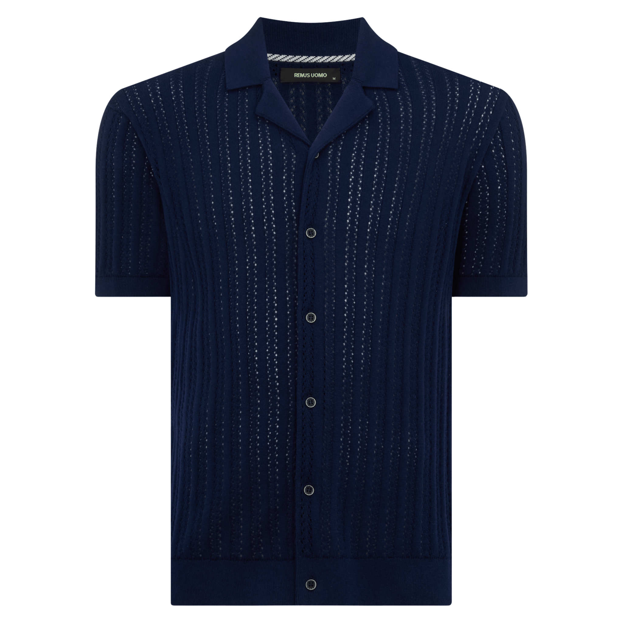 Mens Remus Uomo Dark Blue Open Weave Knitted S/s Shirt