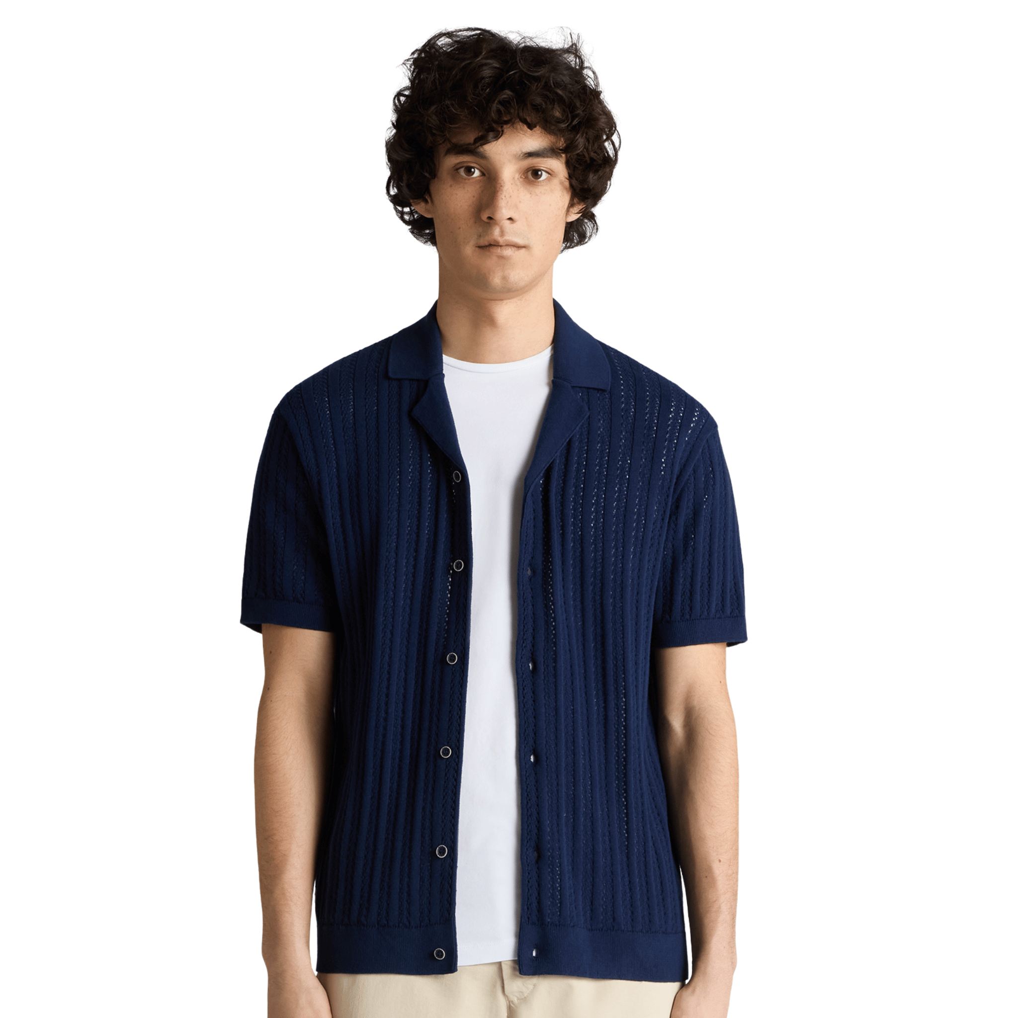 Mens Remus Uomo Dark Blue Open Weave Knitted S/s Shirt