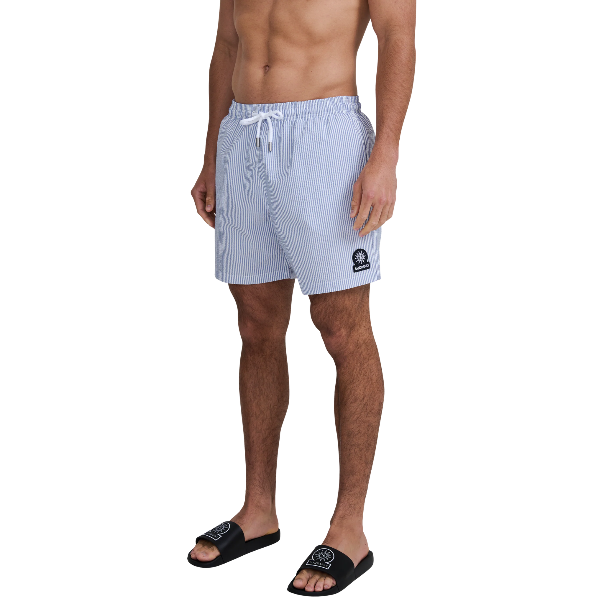 Mens Sandbanks Navy/White Striped Seersucker Swim Shorts