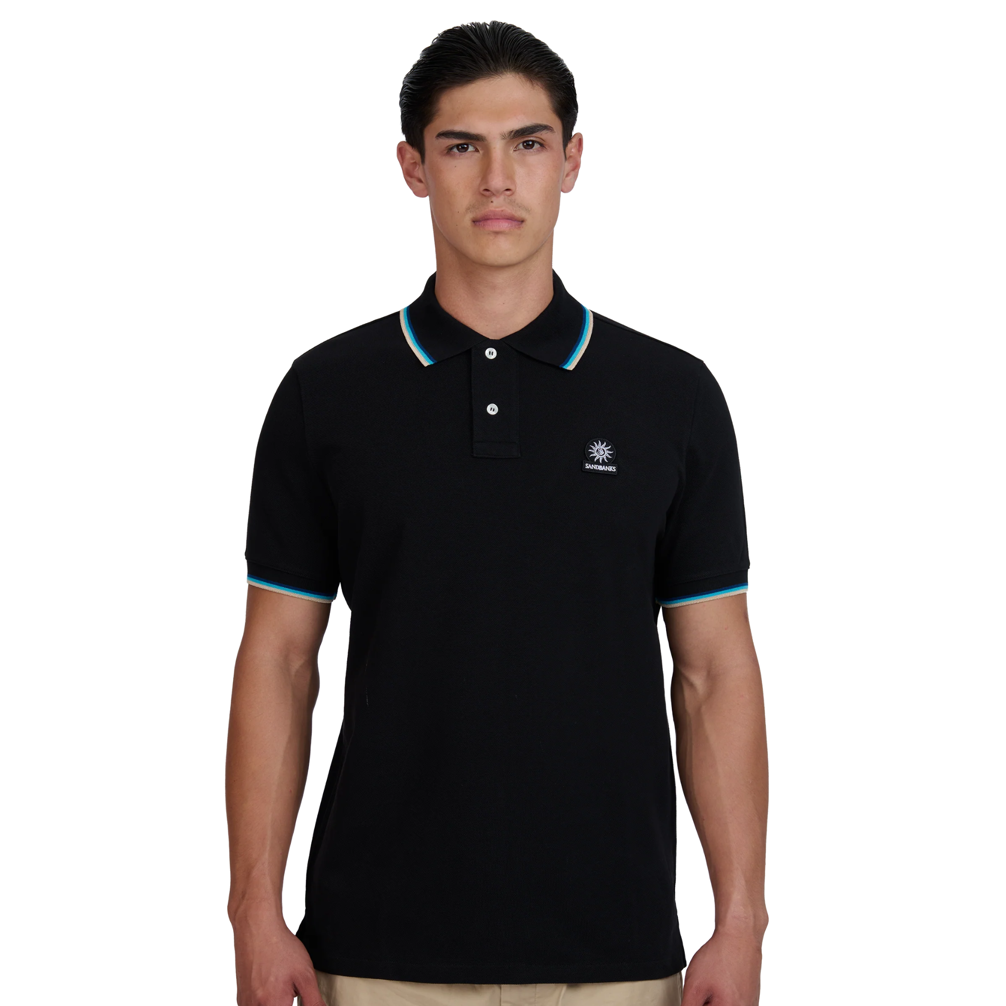 Mens Sandbanks Black Tipped Badge Pique S/s Polo Shirt
