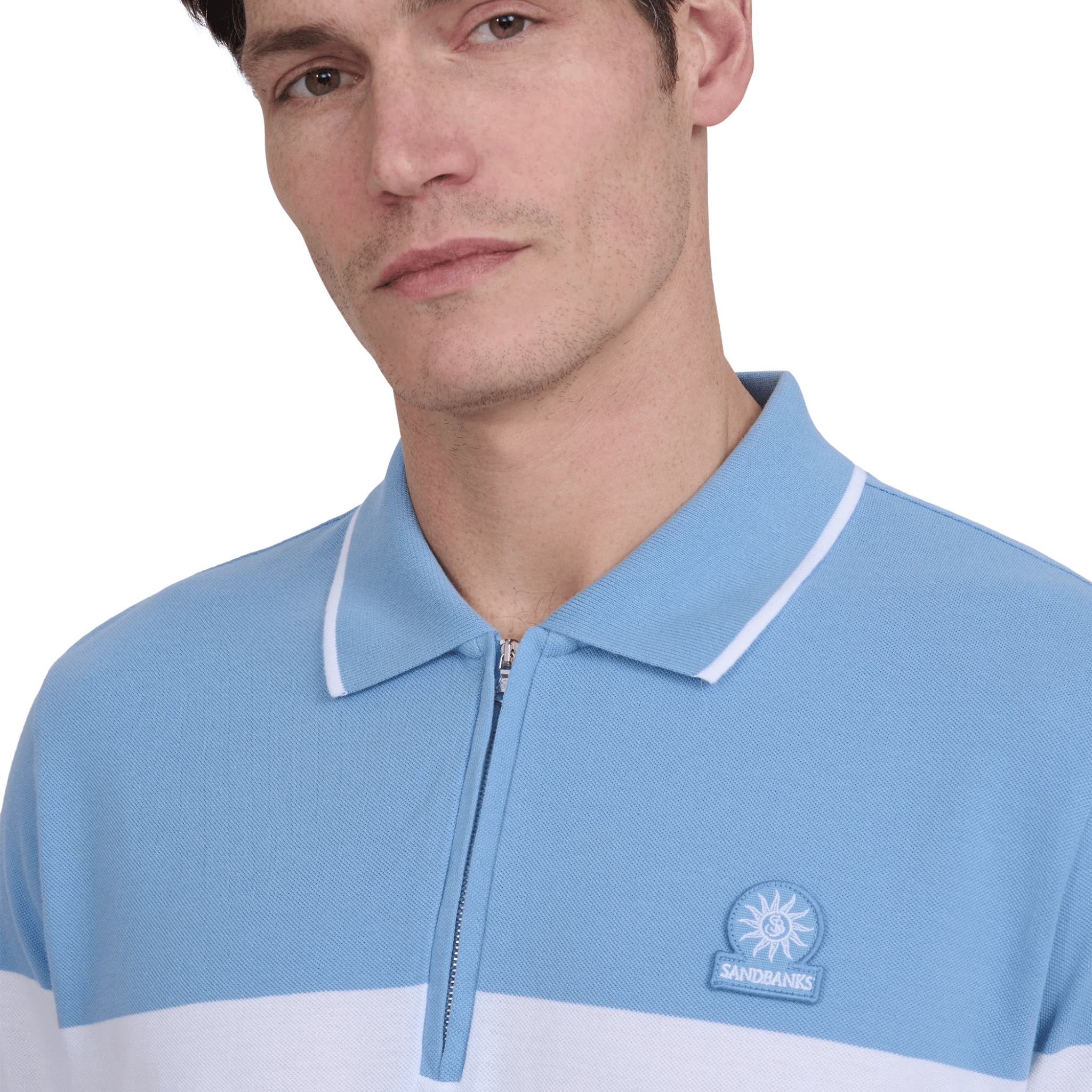 Mens Sandbanks Dusty Blue Colour Block Zip S/s Polo Shirt