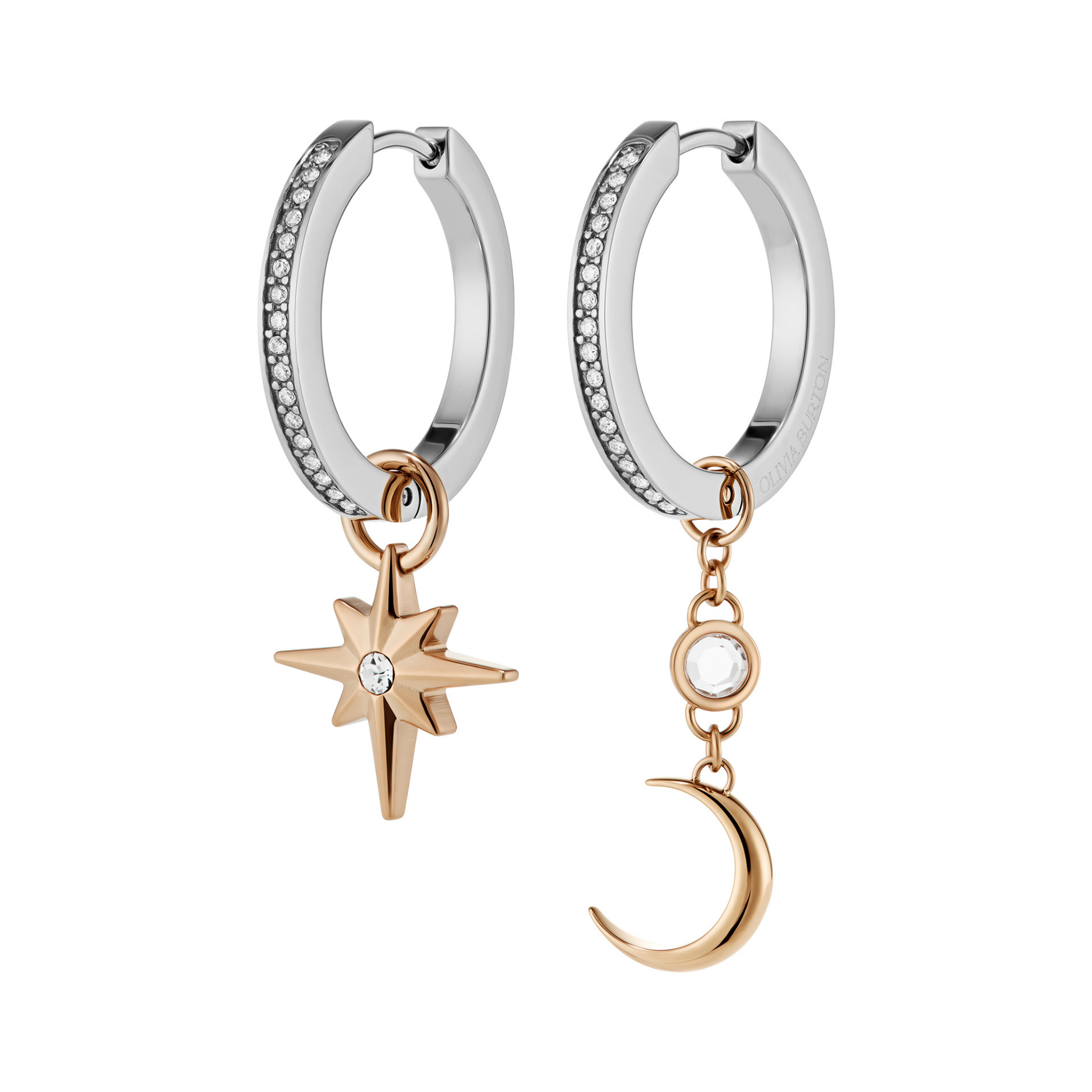 Womens Olivia Burton Silver Celestial Star & Moon Huggie Drop Earrings