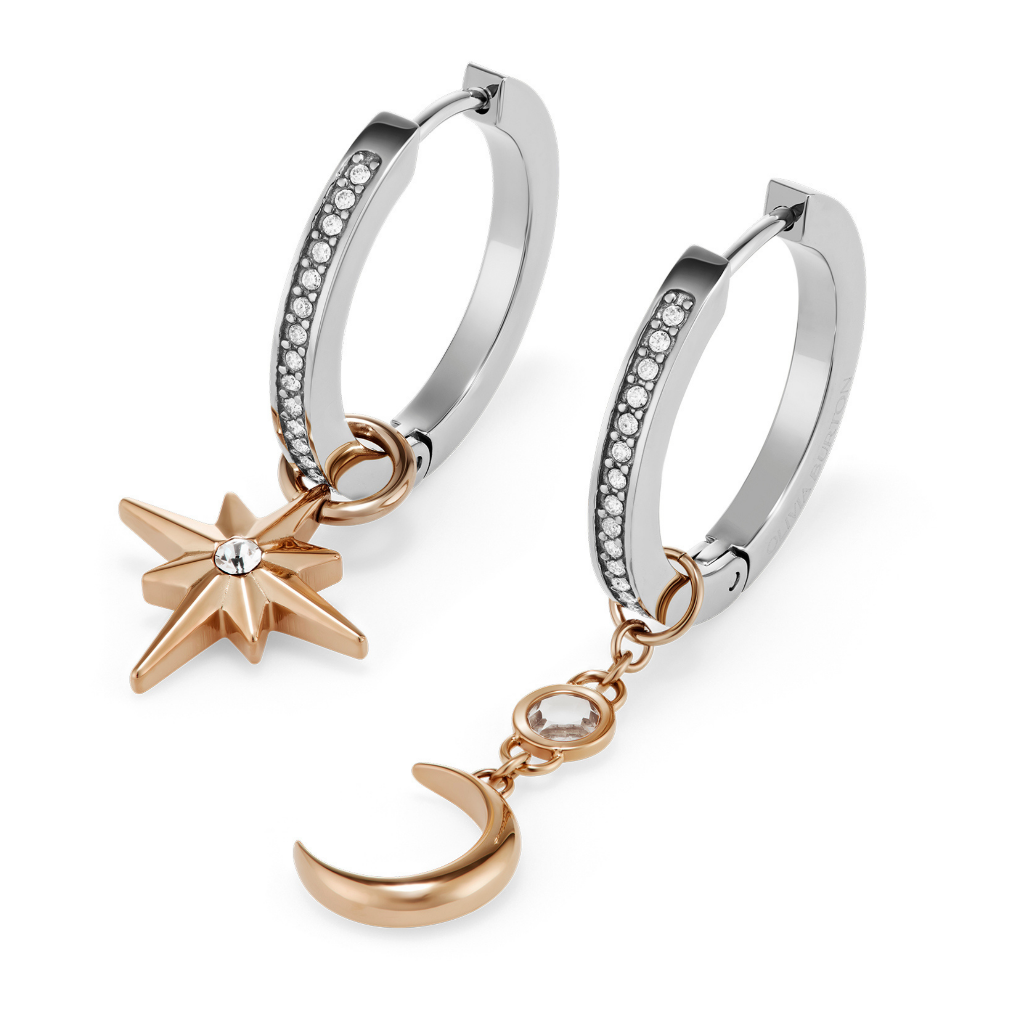 Womens Olivia Burton Silver Celestial Star & Moon Huggie Drop Earrings