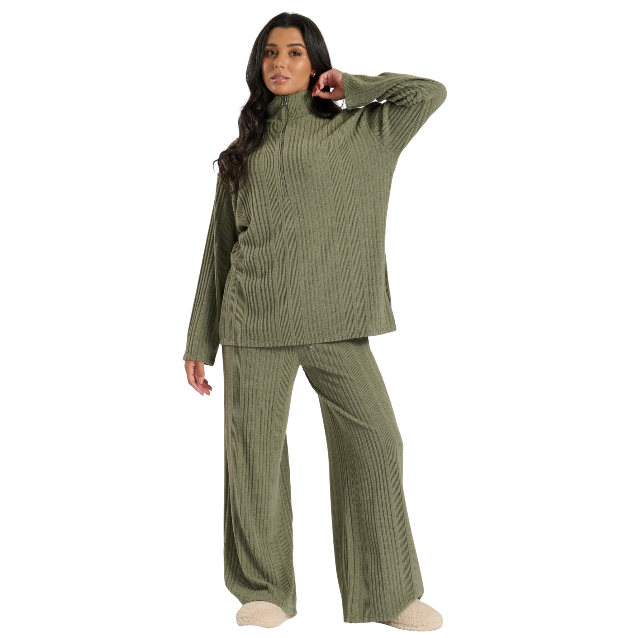Womens Green Irregular Brushed Rib Wide Leg Trousers