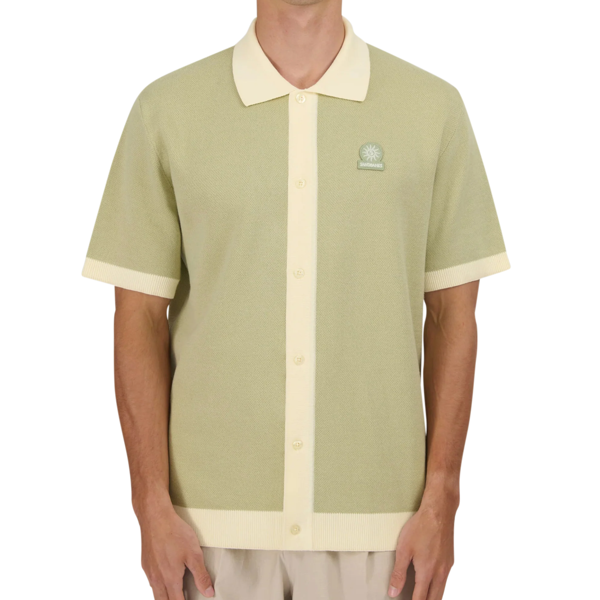 Mens Sandbanks Sage Knitted Full Button S/s Polo Shirt