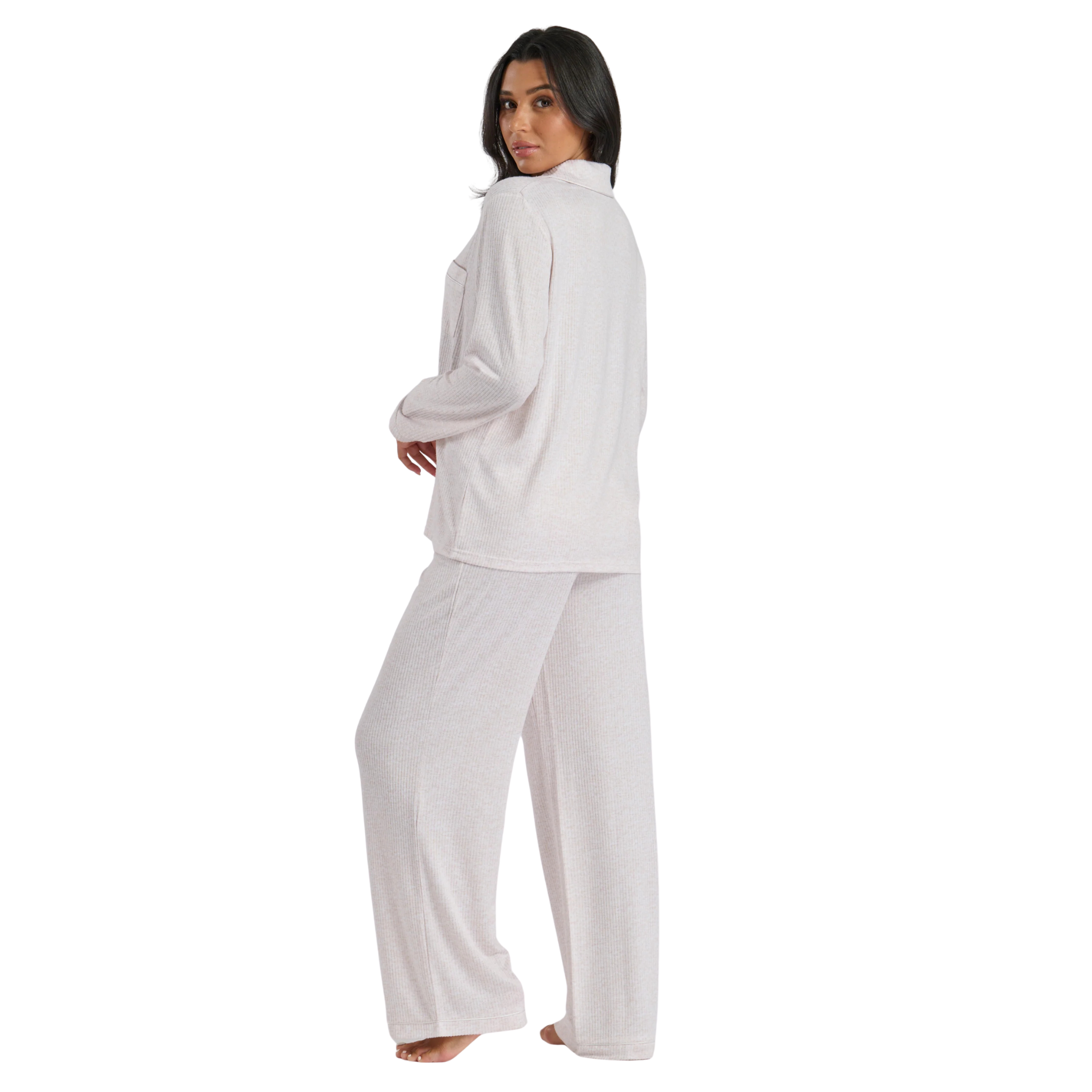 Womens Oatmeal Marl Brushed Rib L/s Buttoned Pyjamas