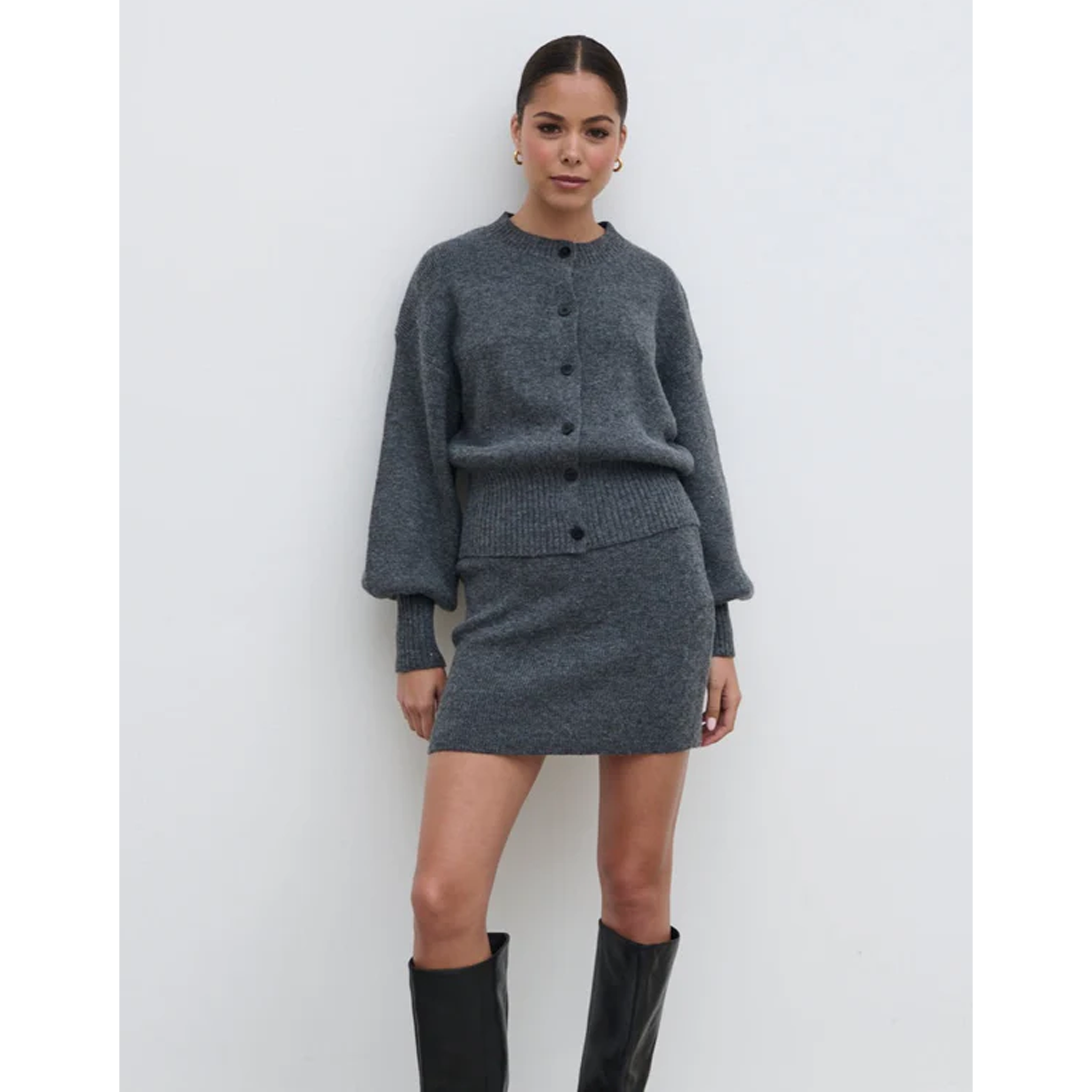 Womens Pretty Lavish Charcoal Etta Knit Co-ord Bomber Jacket