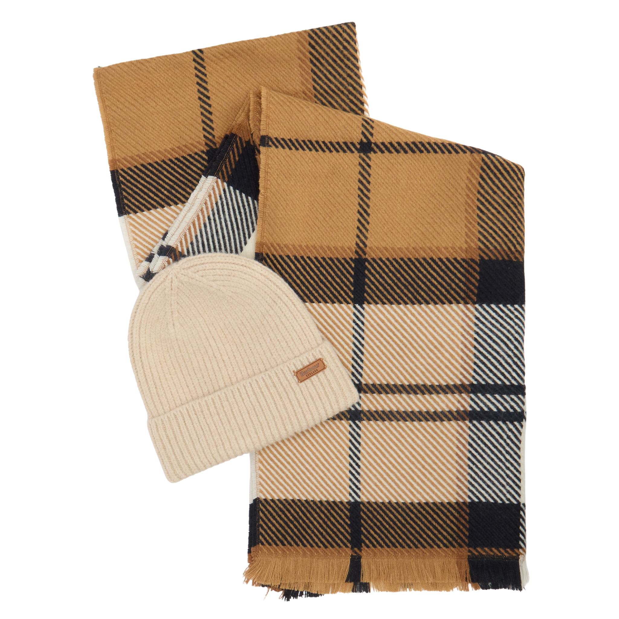 Womens Barbour Hessian/Navy Tartan Pendle Beanie & Blair Scarf Gift Set