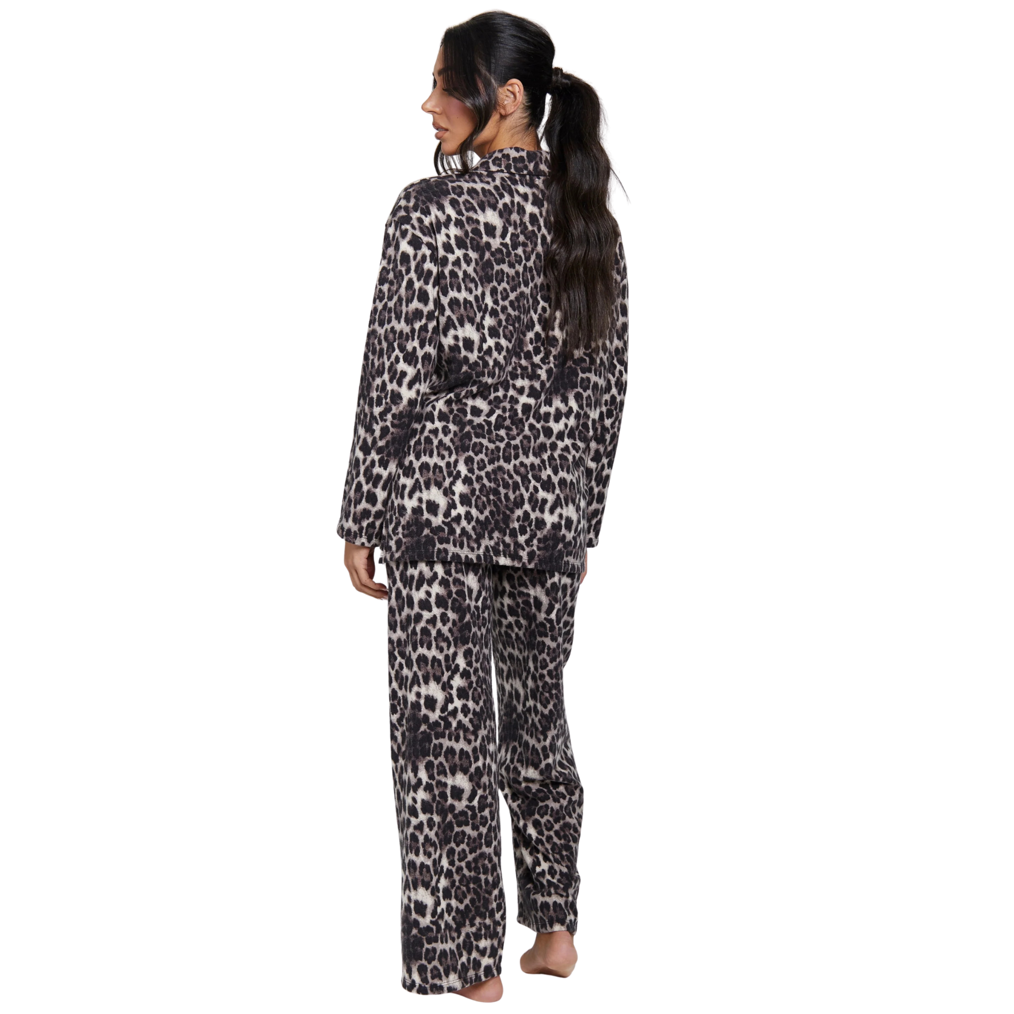 Womens Leopard 1/4 Zip Top & Wide Pant Set
