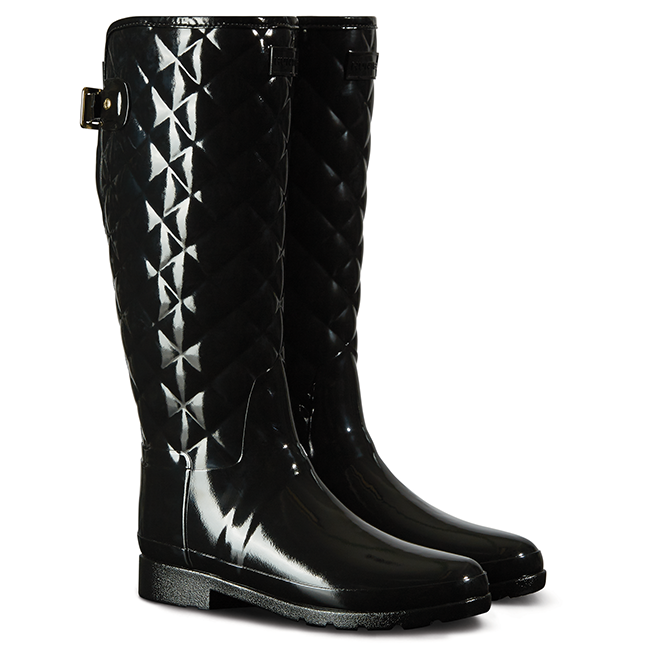 Hunter Boot Womens Black Refined Gloss Quilted Tall Wellington Hurleys