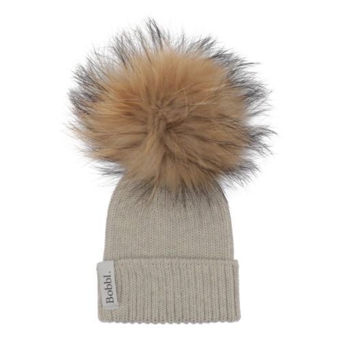 Girls Light Grey/Natural Baby Merino Hat With Fur Pom 117595 by Bobbl from Hurleys
