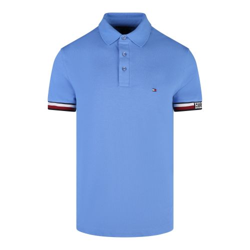 Tommy Hilfiger Polo Shirt Mens Blue Spell Monotype Flag Cuff Slim S/s Polo