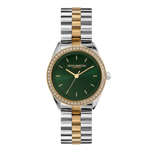 Olivia Burton Watch Womens Silver/Green/Gold Bejewelled Bracelet Watch 