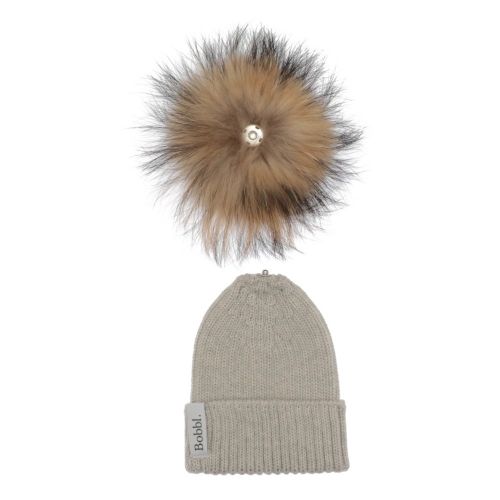 Girls Light Grey/Natural Baby Merino Hat With Fur Pom 117592 by Bobbl from Hurleys