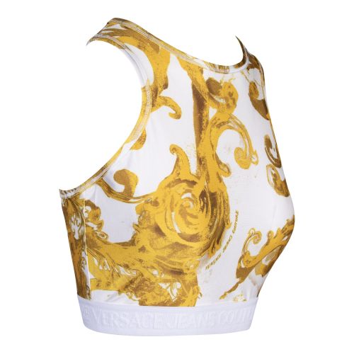 Versace Jeans Couture Crop Top Womens White/Gold Watercolour Baroque Crop Top 