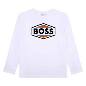 BOSS T Shirt Boys White Geo Logo L/s T Shirt