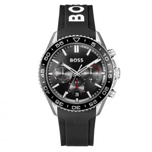 BOSS Watch Mens Black/Silver Runner Silicone Strap Watch